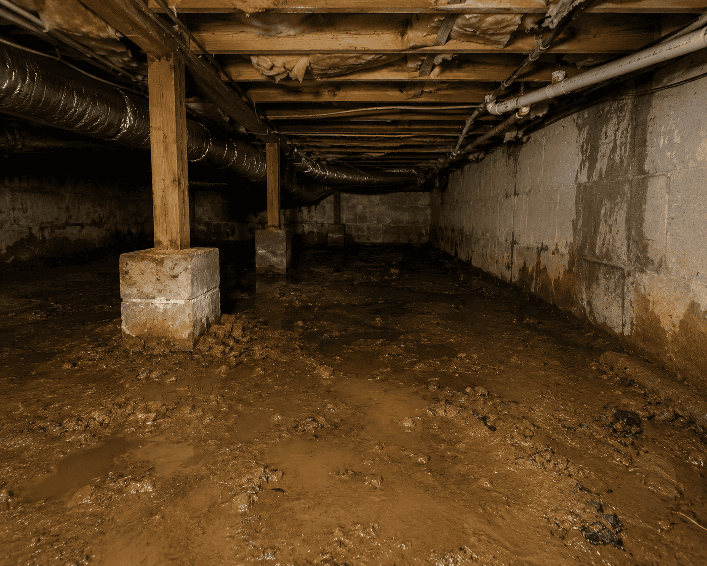 crawlspace with exposed beams and moisture