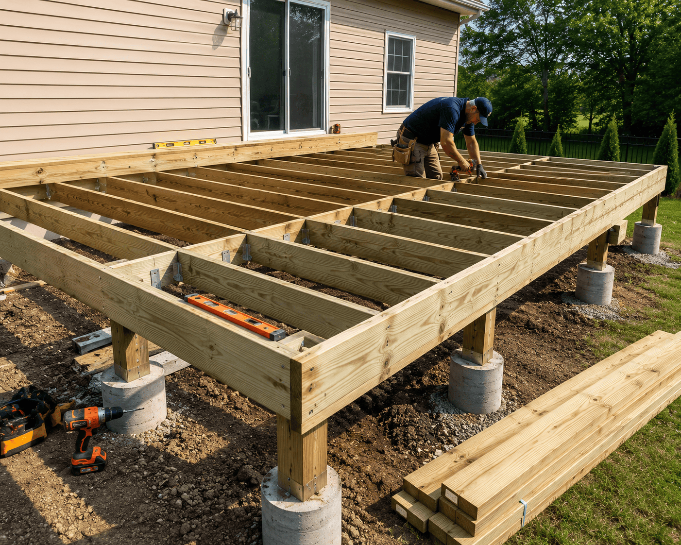 deck construction in progress with tools