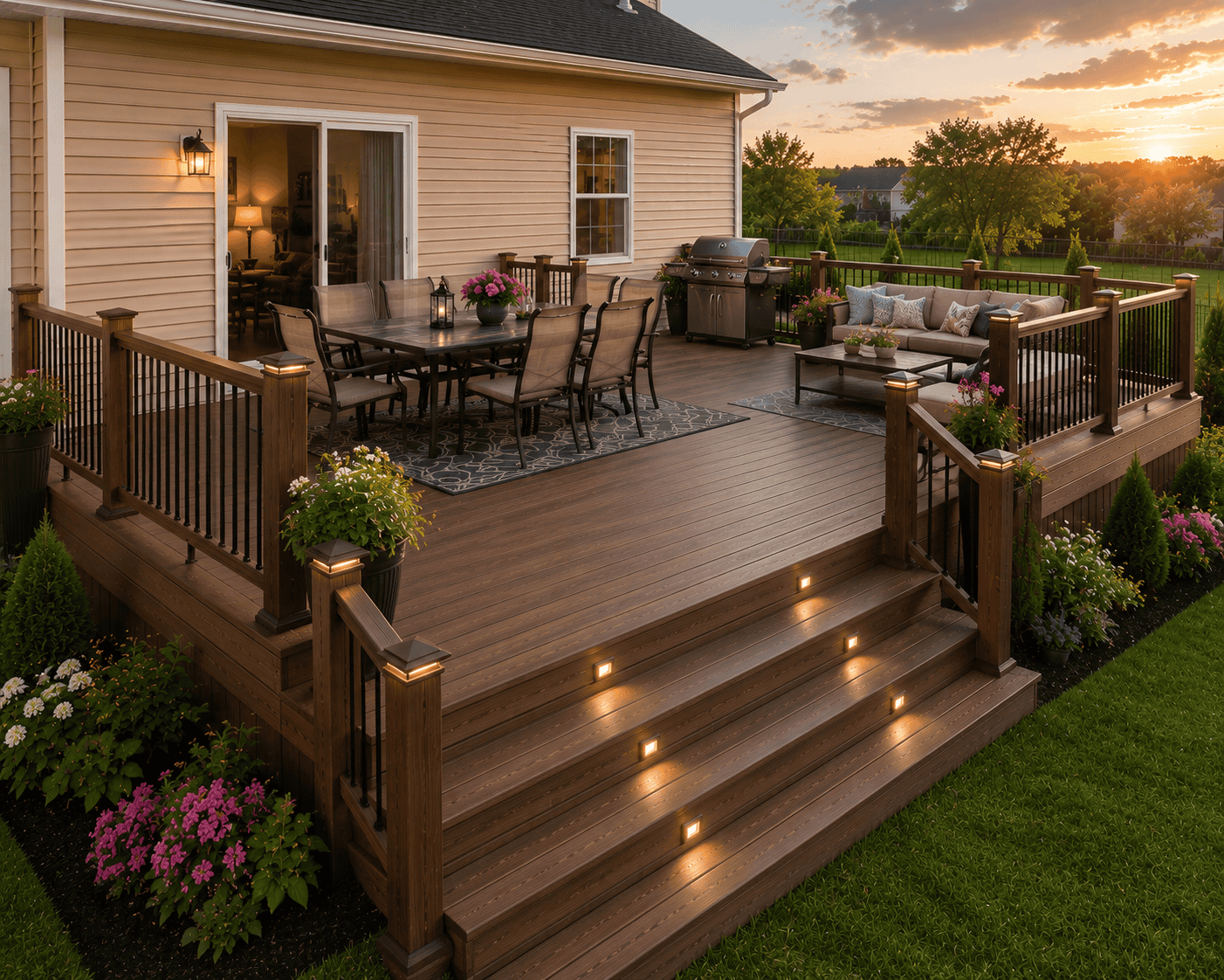 golden hour backyard retreat with deck