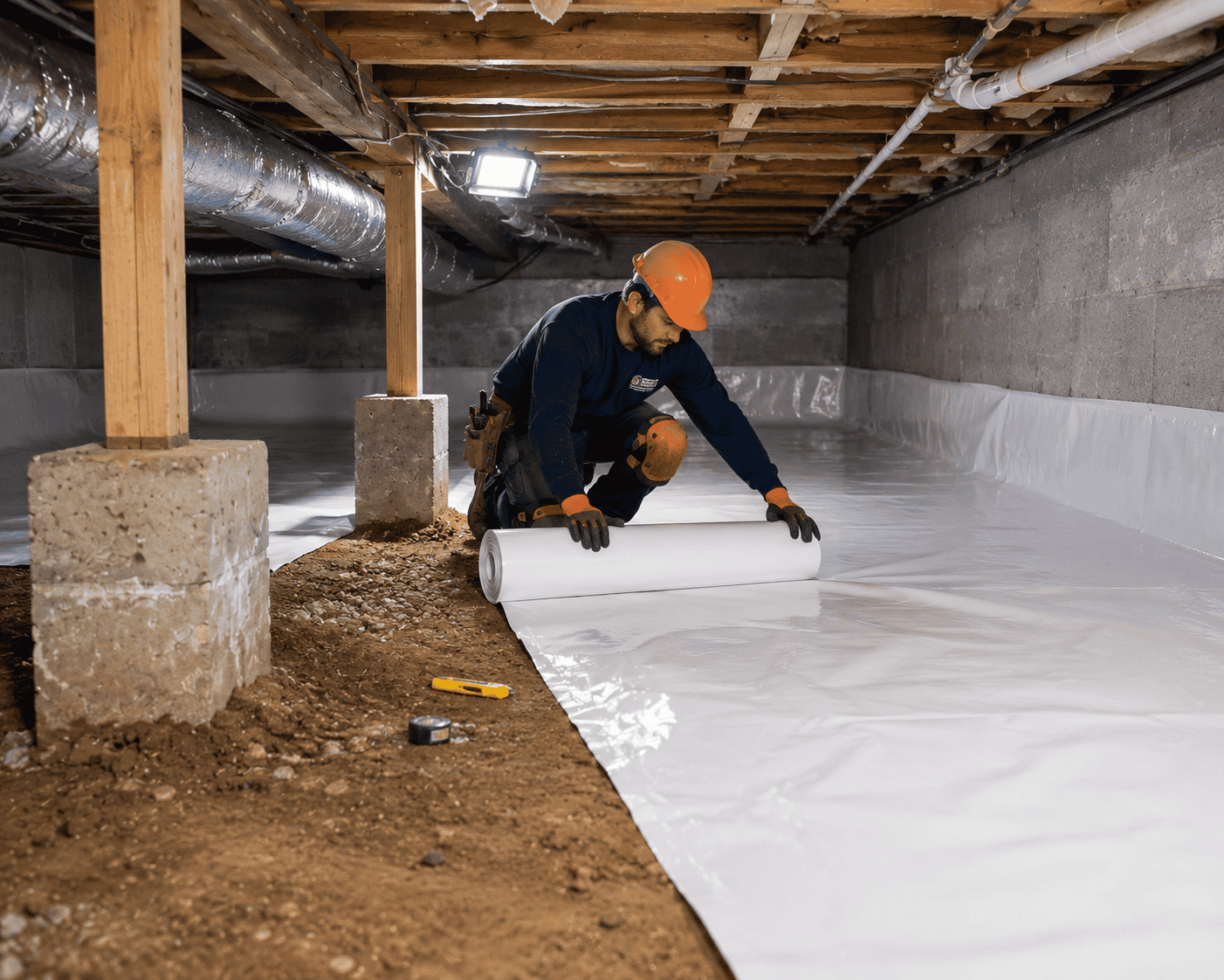 worker unrolling vapor barrier in crawlspace