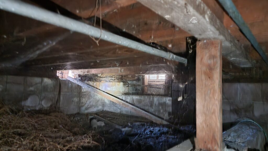 Crawl Space Cleaning & Insulation Replacement in Anne Arundel County, MD before neglected crawl space cobwebs debris maryland