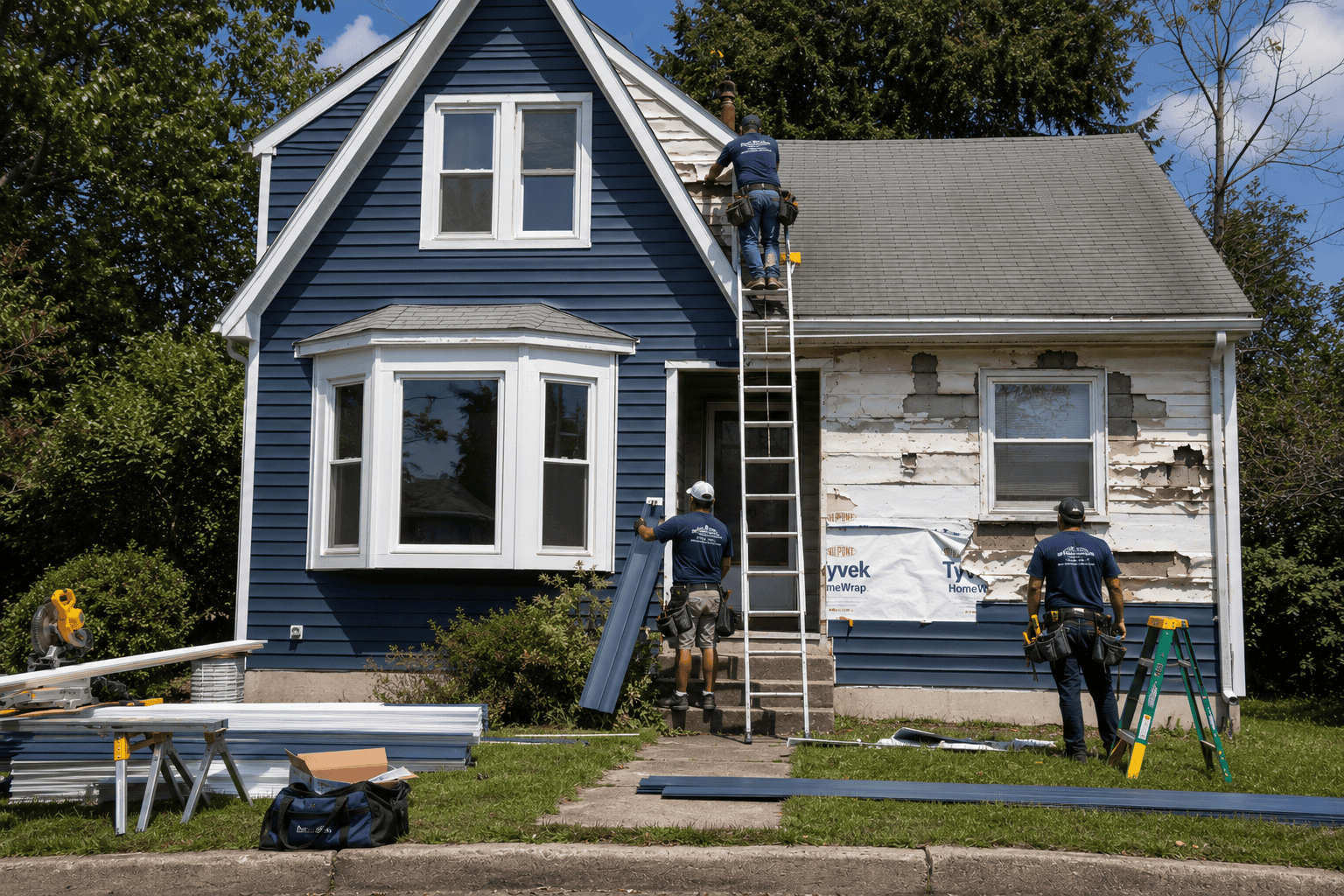 navy blue and white vinyl siding on a suburban home