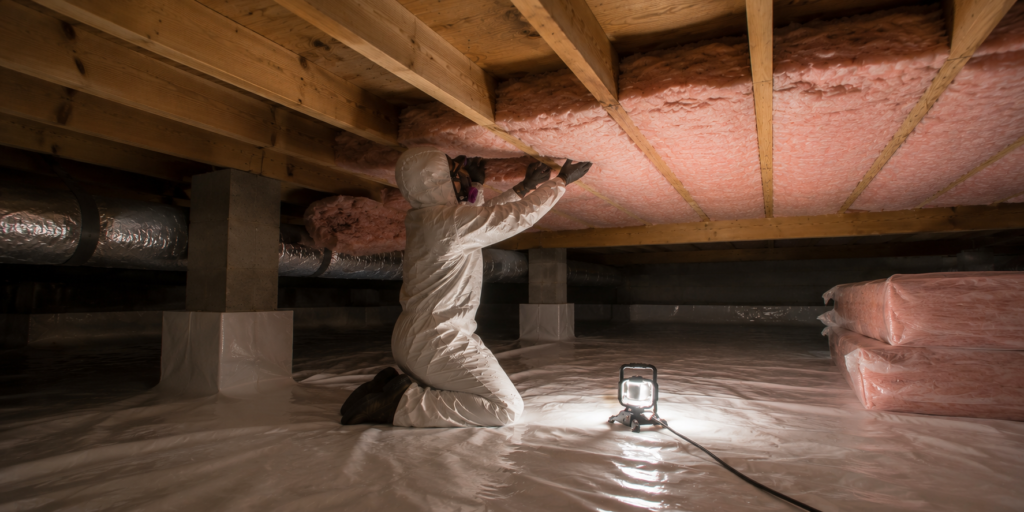 Crawl Space Cleaning & Insulation Replacement in Anne Arundel County, MD xanvria installing insulation in a crawl space