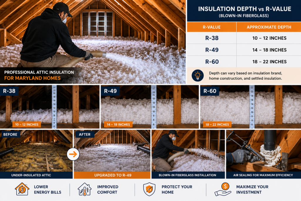 What R-Value Does Your Maryland Attic Need? A Homeowner's Guide to R-38, R-49 & R-60 Insulation professional attic blow in insulation for maryland homes