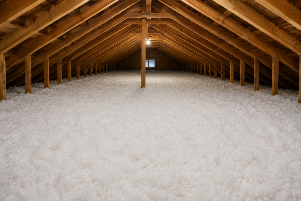 Attic Insulation Clean attic with fresh blown-in fiberglass insulation professionally installed by Xanvria Maryland