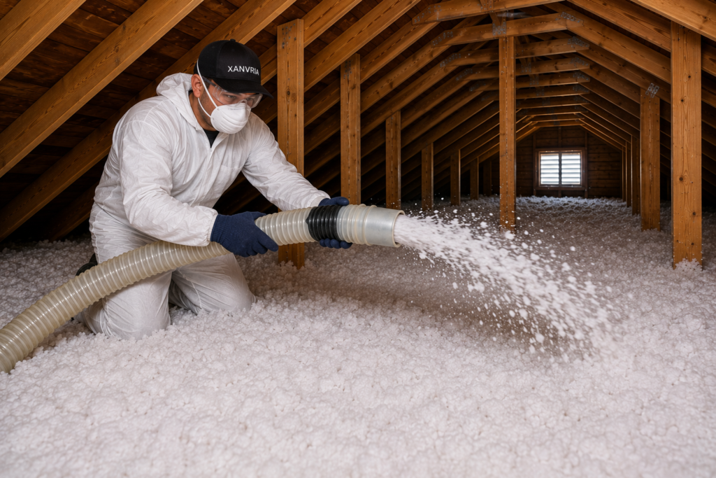 Attic Insulation xanvria technician installing blown in insulation maryland