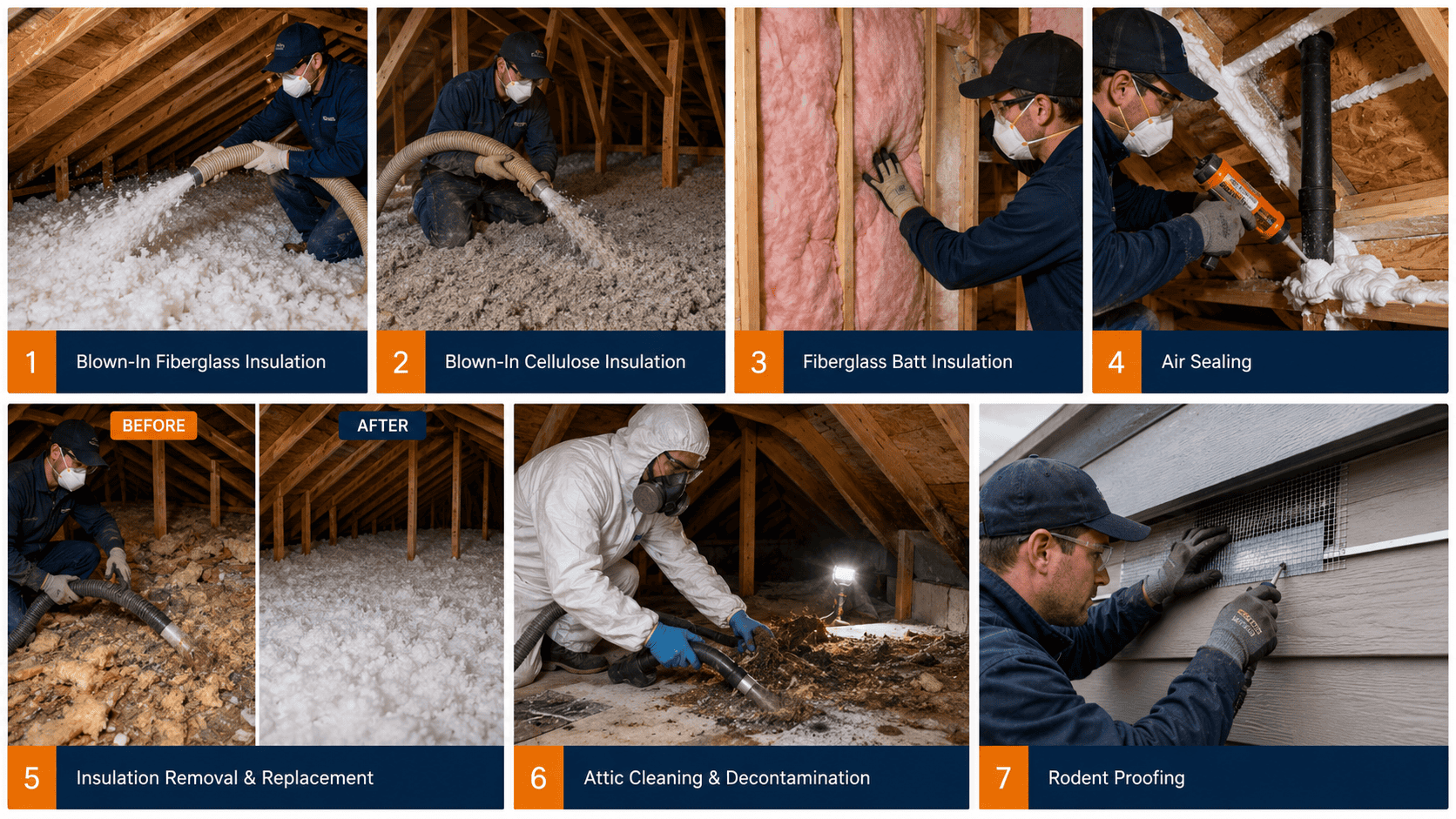Overview of attic insulation, air sealing, insulation removal, attic cleaning, and rodent-proofing services in Arnold, Maryland