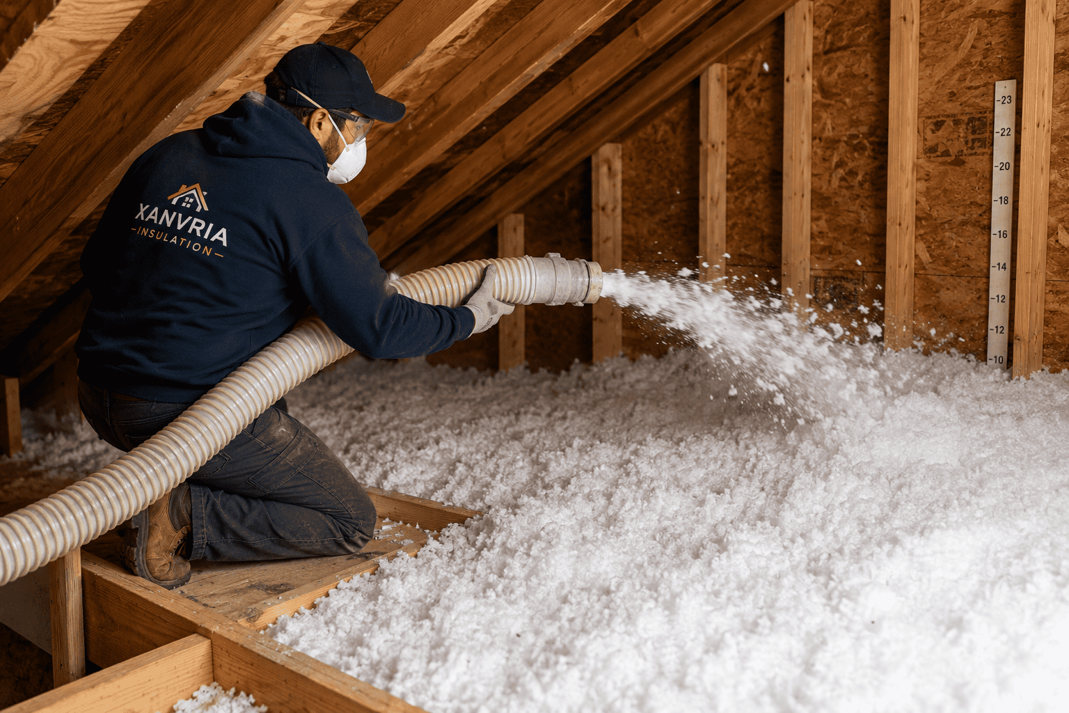 Technician installing blown-in attic insulation during an attic insulation project in Crofton, Maryland
