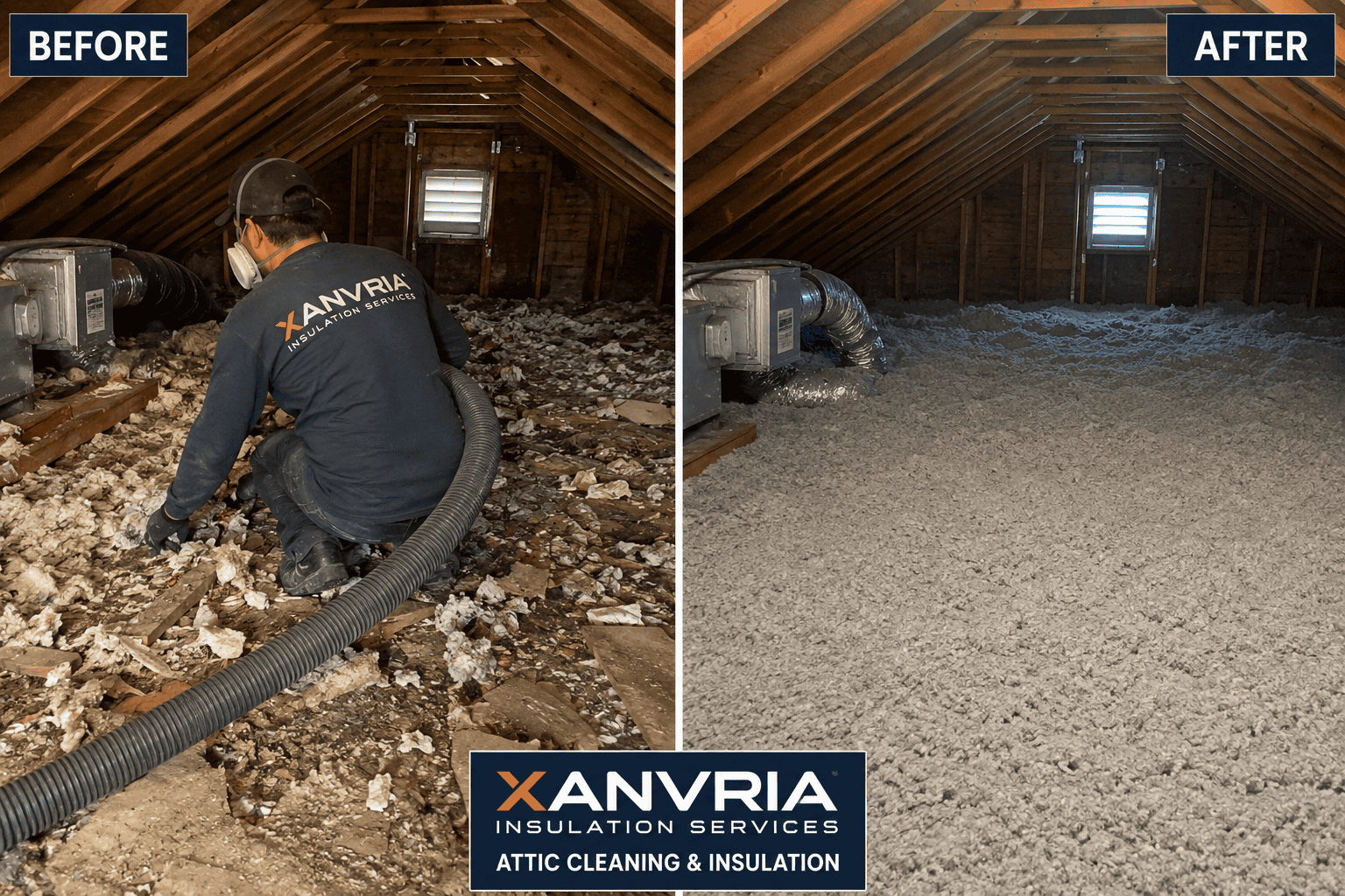 Before-and-after attic cleaning and insulation project completed by Xanvria in Crofton, Maryland