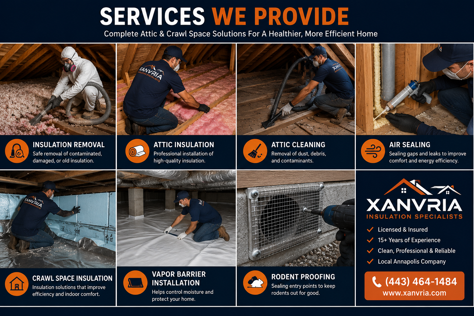 Collage showing Xanvria insulation removal, attic insulation, attic cleaning, air sealing, crawl space insulation, vapor barrier installation, and rodent-proofing services in Severna Park, Maryland