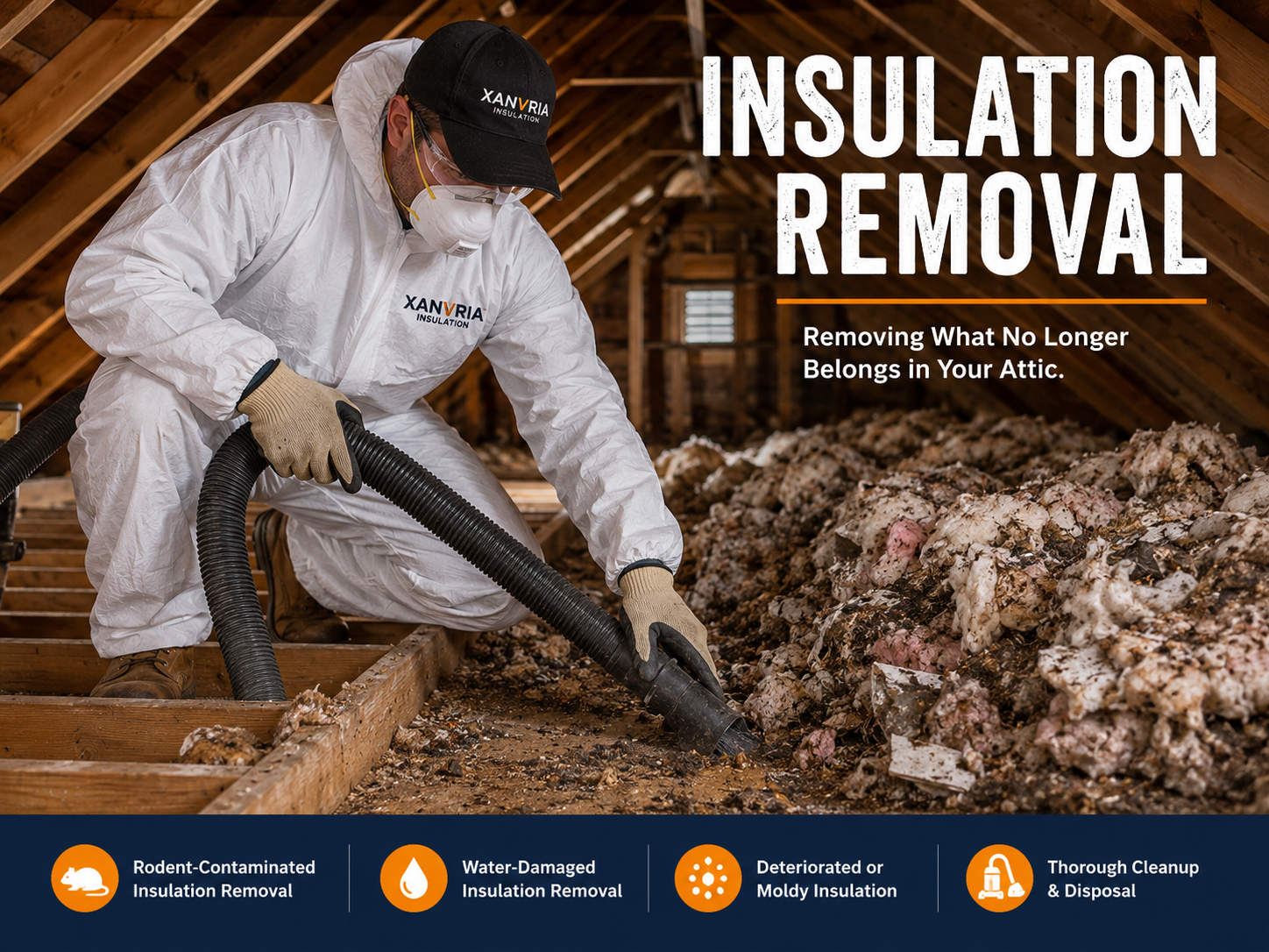Xanvria technician removing old and contaminated attic insulation in Glen Burnie, Maryland