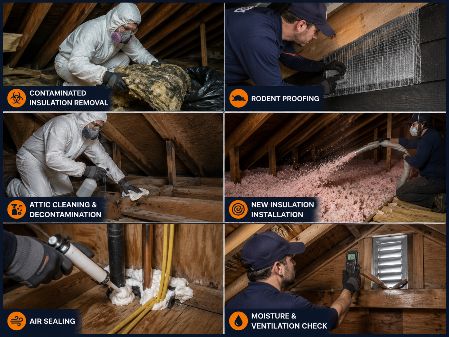 Collage showing contaminated insulation removal, rodent proofing, attic cleaning, new insulation installation, air sealing, and moisture and ventilation checks in Glen Burnie, Maryland