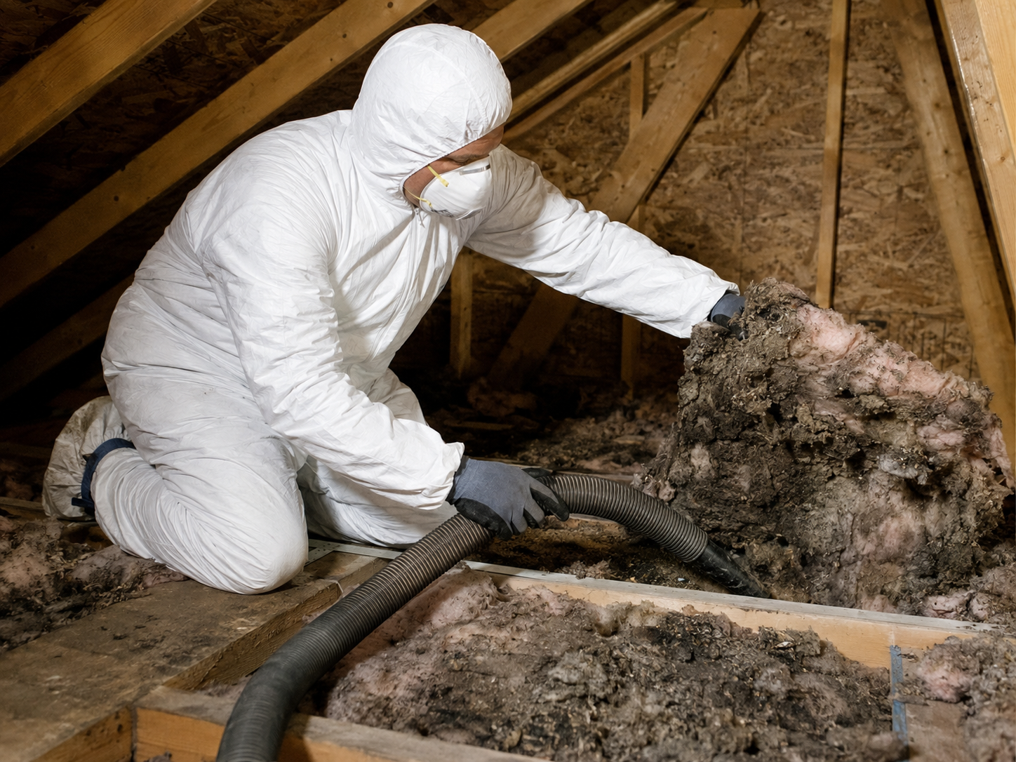 Technician wearing protective equipment while removing contaminated and damaged attic insulation in Arnold, Maryland