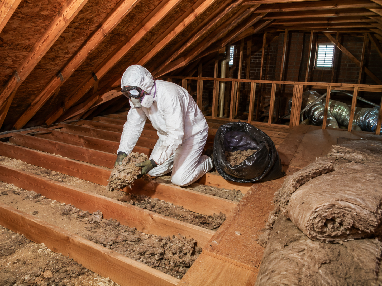 Technician removing old batt insulation and debris from an attic in Annapolis, Maryland