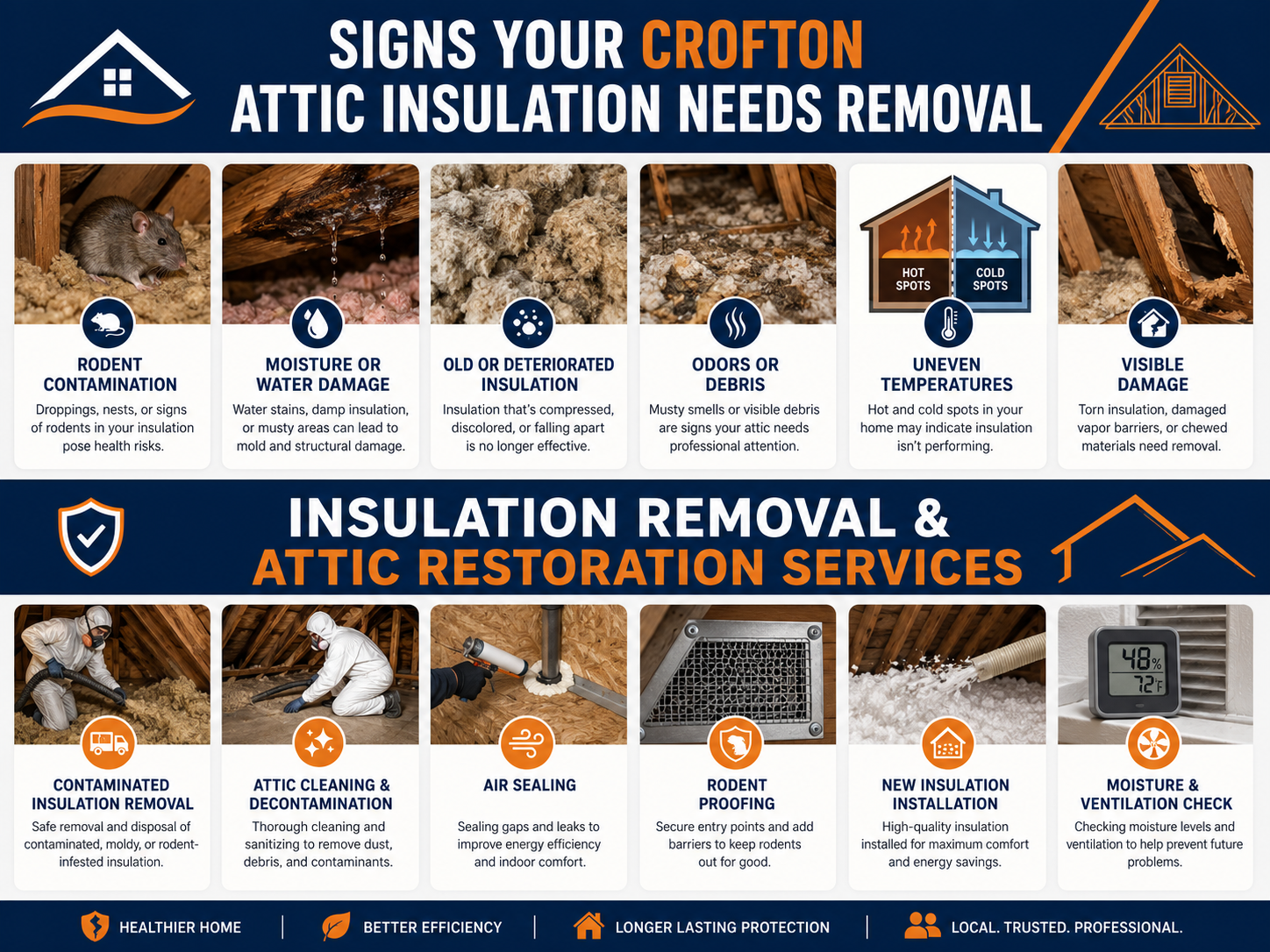 Collage showing signs attic insulation may need removal and Xanvria insulation removal and attic restoration services in Crofton, Maryland